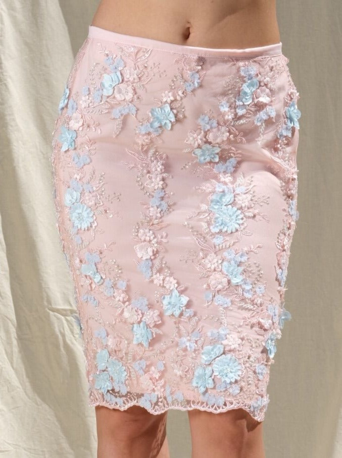 Angels from Earth One of a kind Custom Skirt, Pink with blue flowers, Italian custom fabric, pencil skirt.