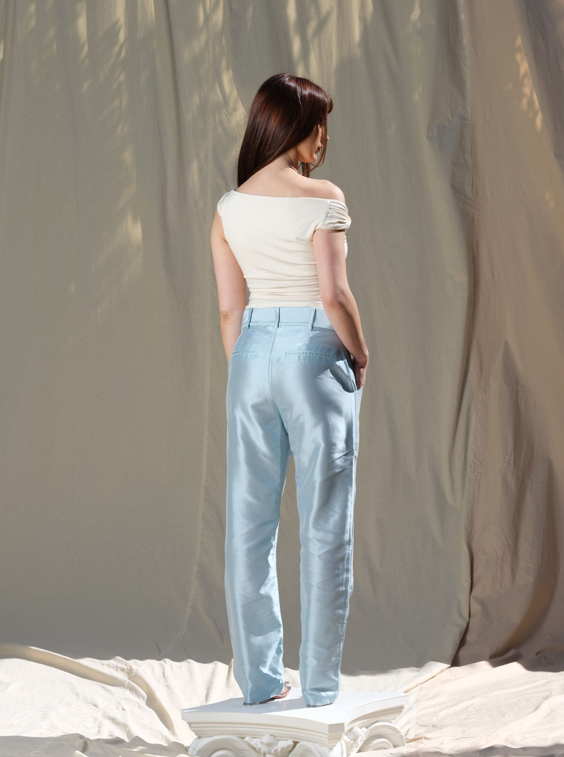 Pants that make us happy. Beautiful Blue 100% Acetate pants, tailored. Runs big as it has an oversized feel for absolute comfort. 
