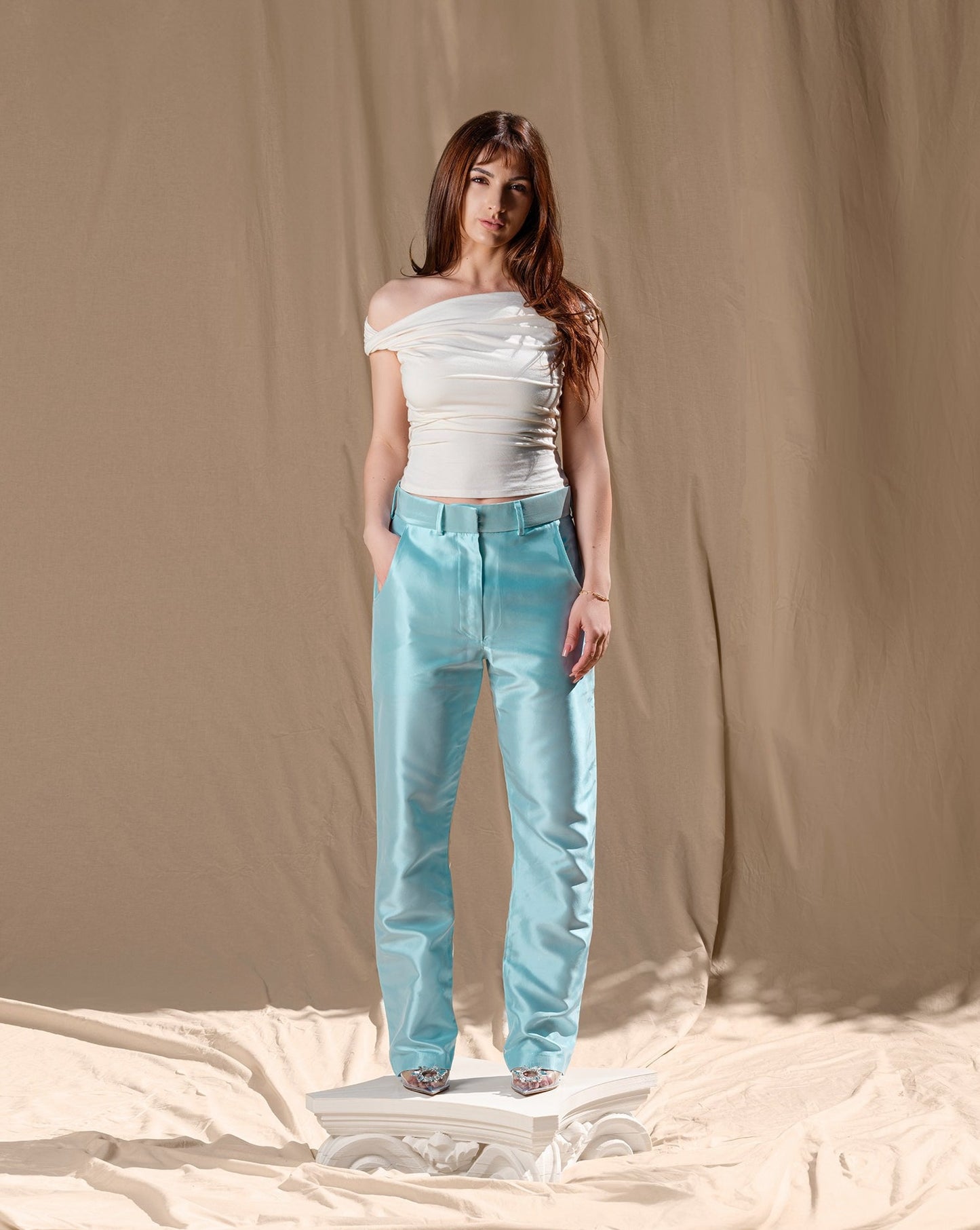Pants that make us happy. Beautiful Blue 100% Acetate pants, tailored. Runs big as it has an oversized feel for absolute comfort. 
