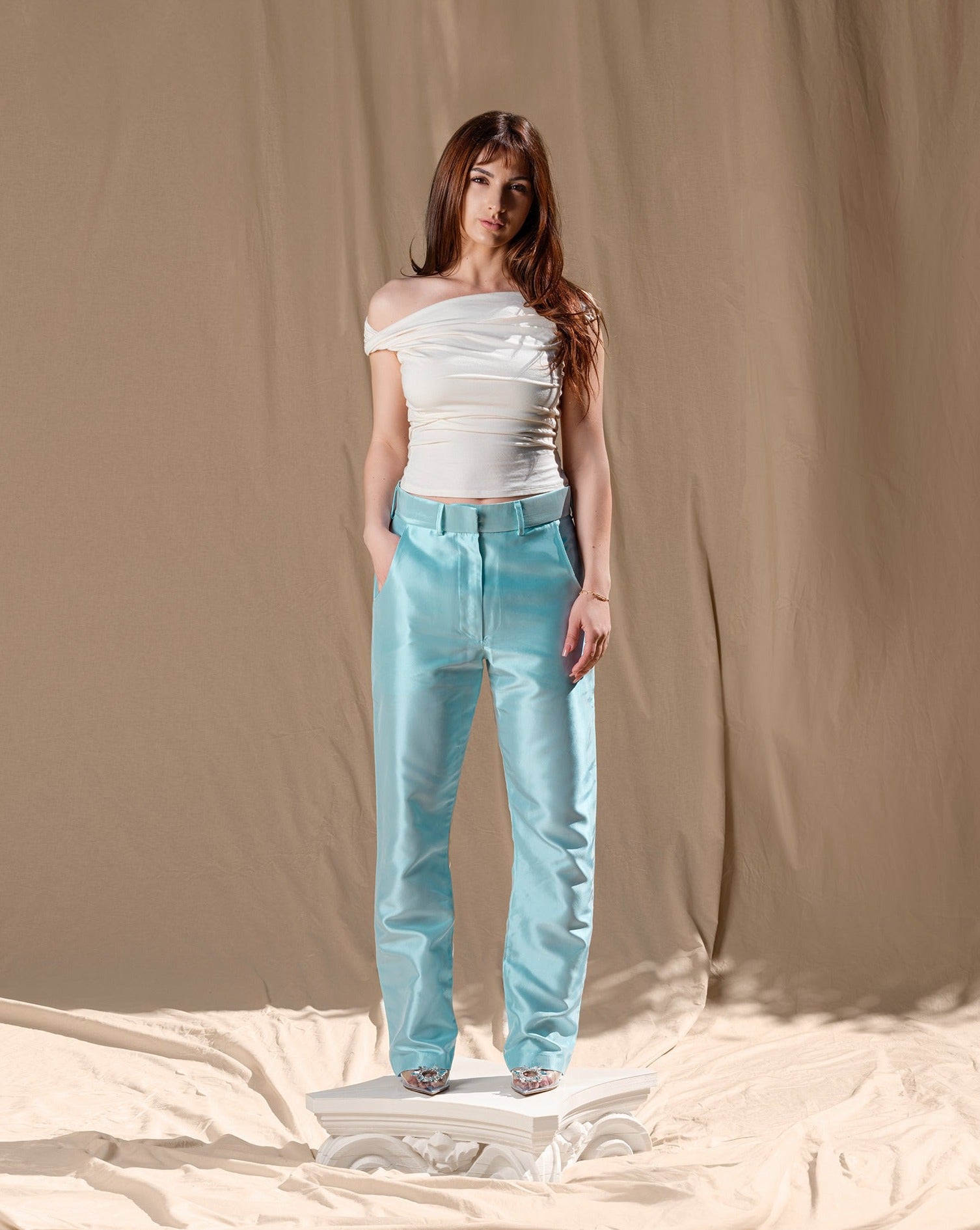Pants that make us happy. Beautiful Blue 100% Acetate pants, tailored. Runs big as it has an oversized feel for absolute comfort. 
