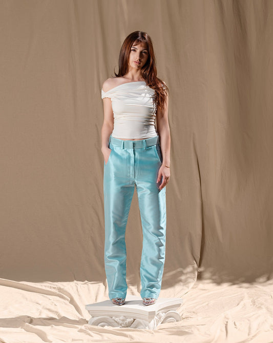 Pants that make us happy. Beautiful Blue 100% Acetate pants, tailored. Runs big as it has an oversized feel for absolute comfort. 
